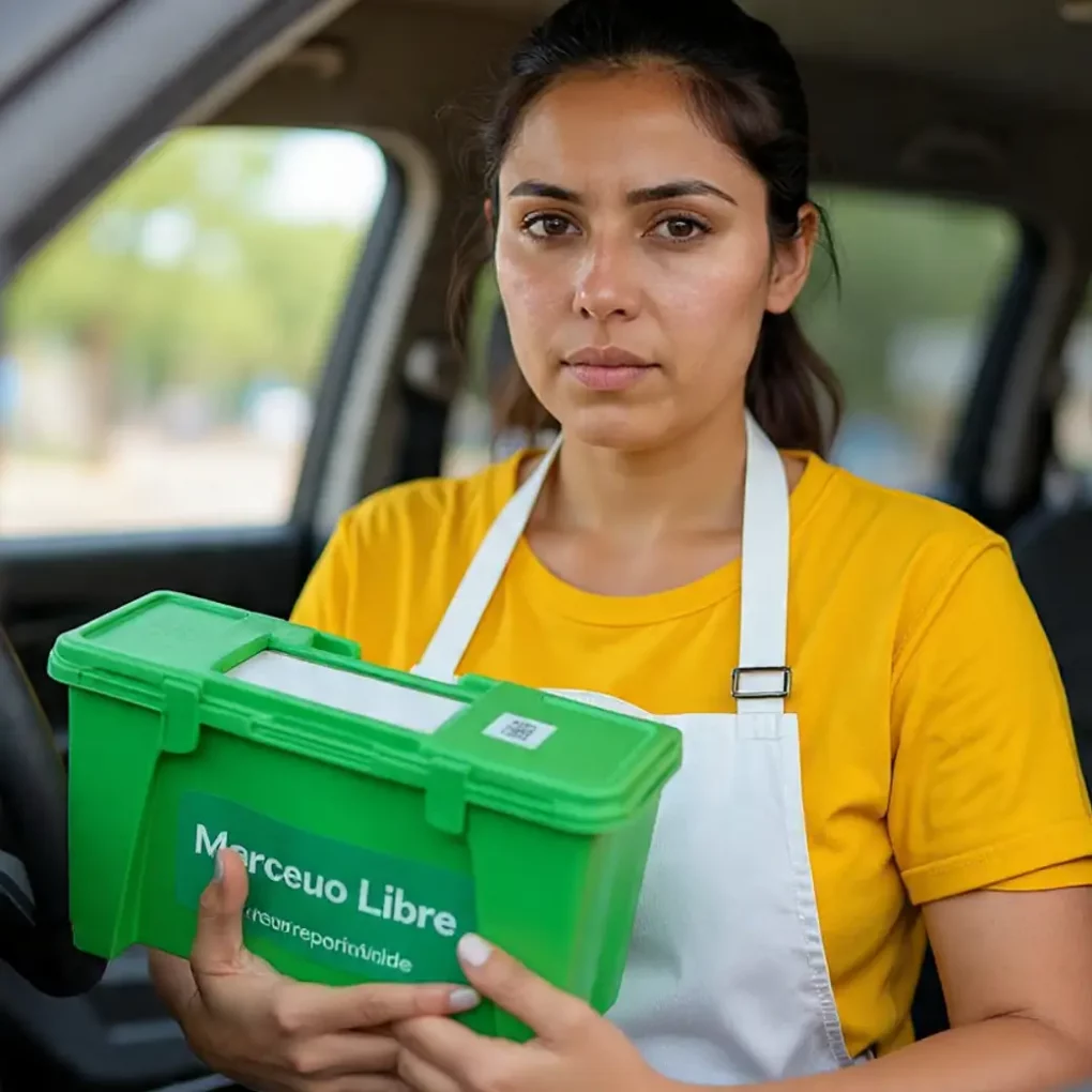 envíos extra, mujer con caja verde por entregar paquete