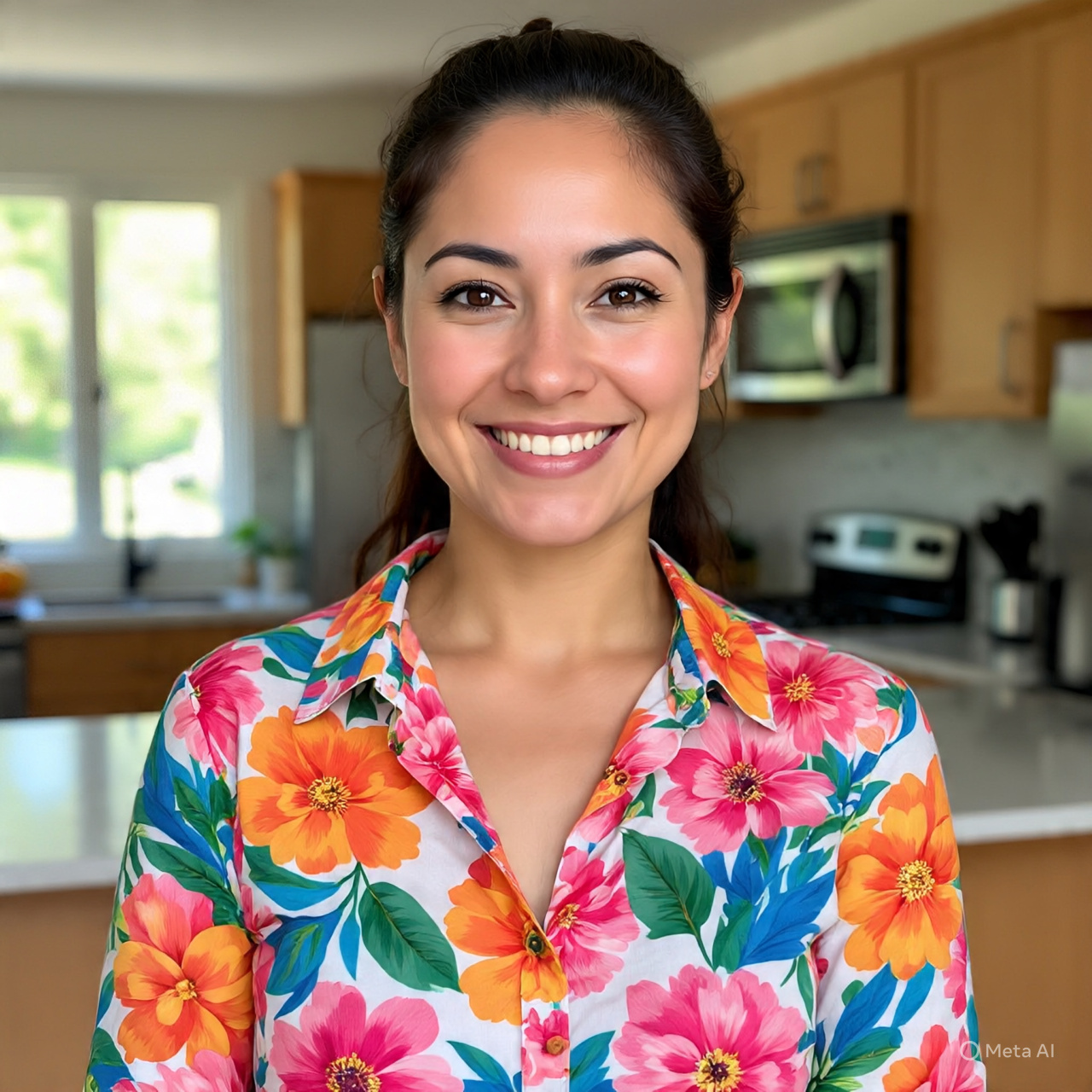 mujer, en una cocina, sonriendo, con una blusa de colores, que se ve tranquila por que tiene un seguro de vida y hogar.