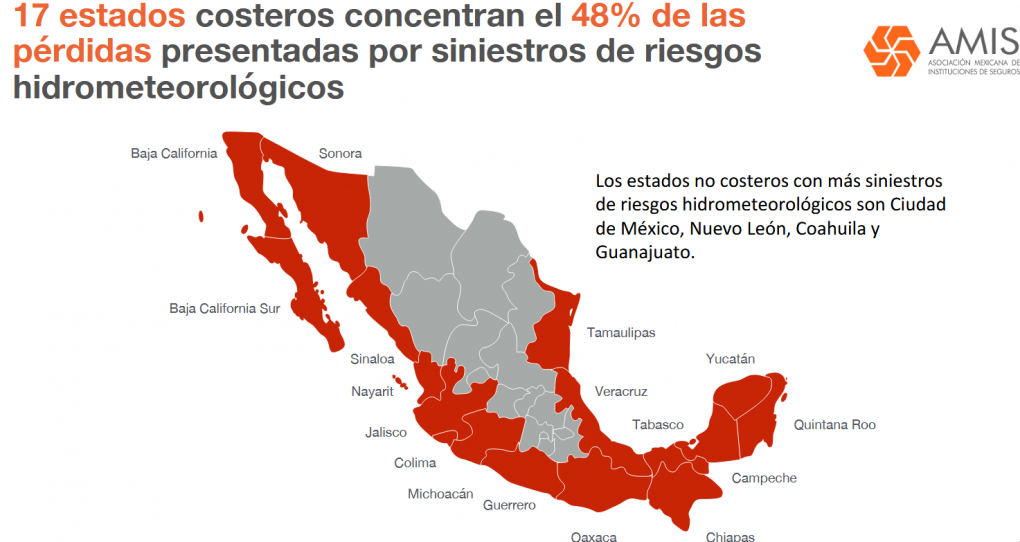mapa de México, que indica las entidades con mayor riesgo de inundación, zona amis, seguro PyMES