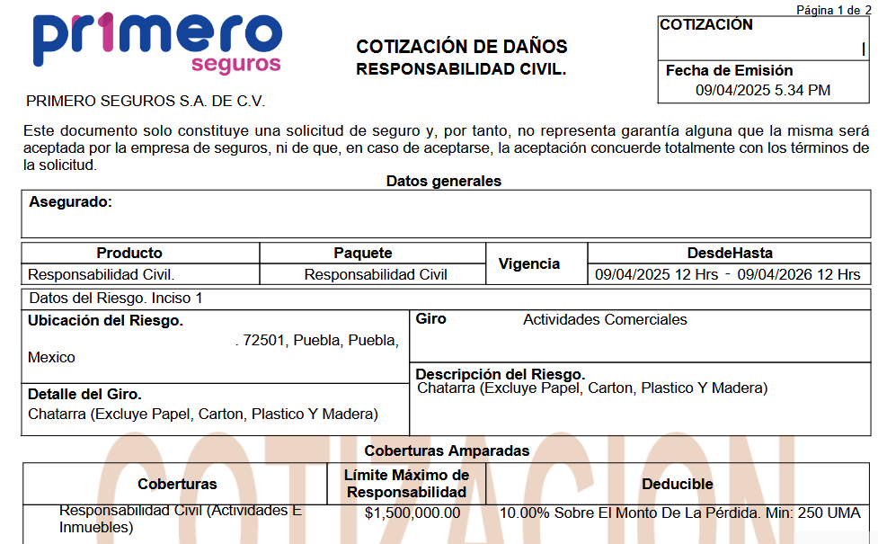 cotización de una compañía de seguros, para una PyME, que se dedica al reciclaje, de chatarra y cartón.