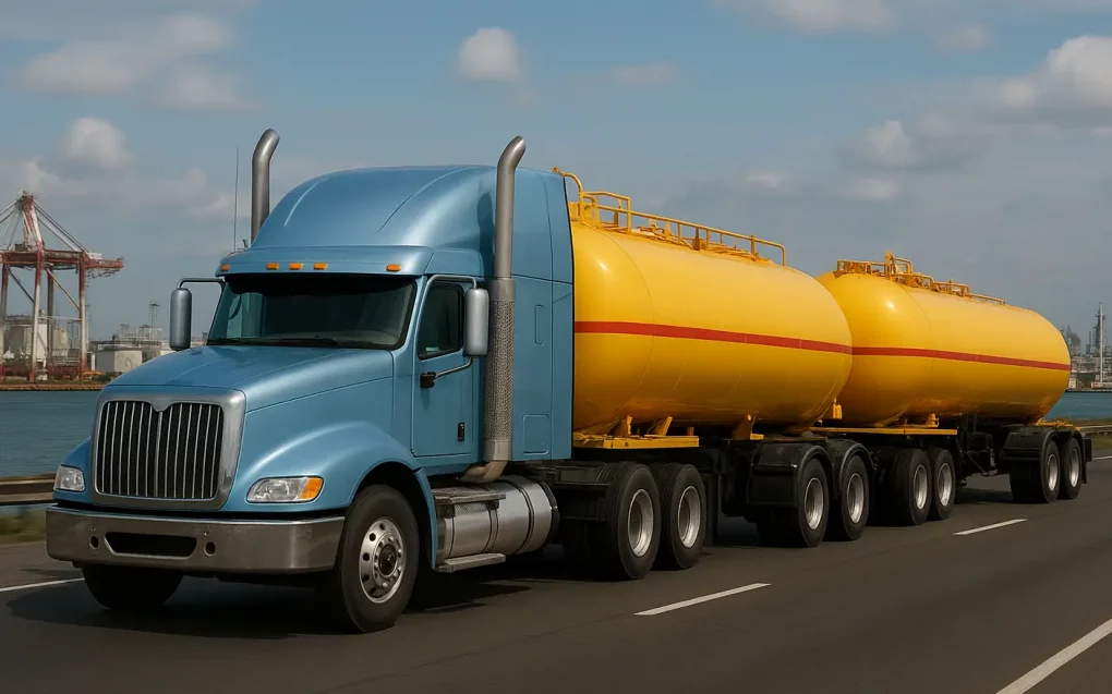 Seguro para equipo pesado full, tracto camión azul claro, con doble remolque amarillo, cerca del puerto.