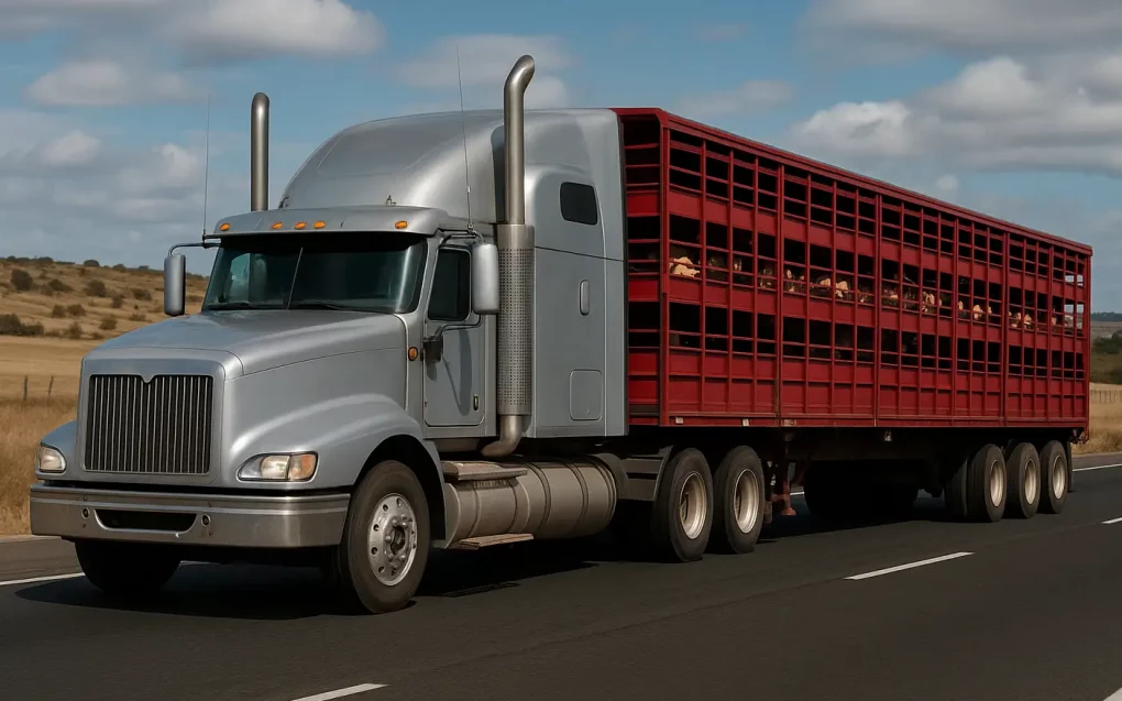 seguro para tracto camión, tracto de color plata y caja seca de redilas roja que transportar ganado, en una carretera, seguro de equipo pesado