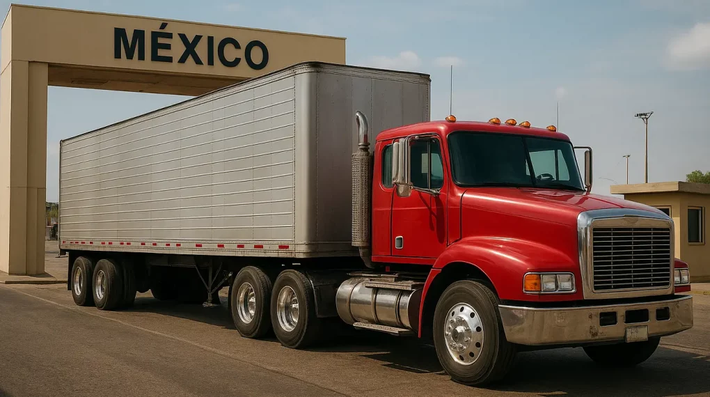 seguro de equipo pesado, tracto camión rojo y mucho cromo saliendo de una garita.