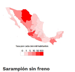 Imagen de la República Mexicana, con la señalización por zonas y colores, para mostrar dónde se concentra más el brote de sarampión. 